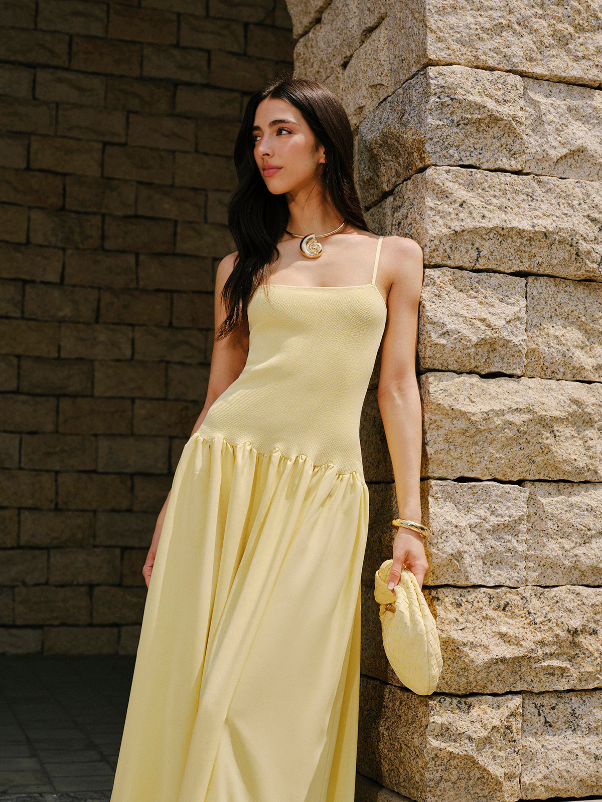 Pliseli Etek Askılı Maxi Elbise