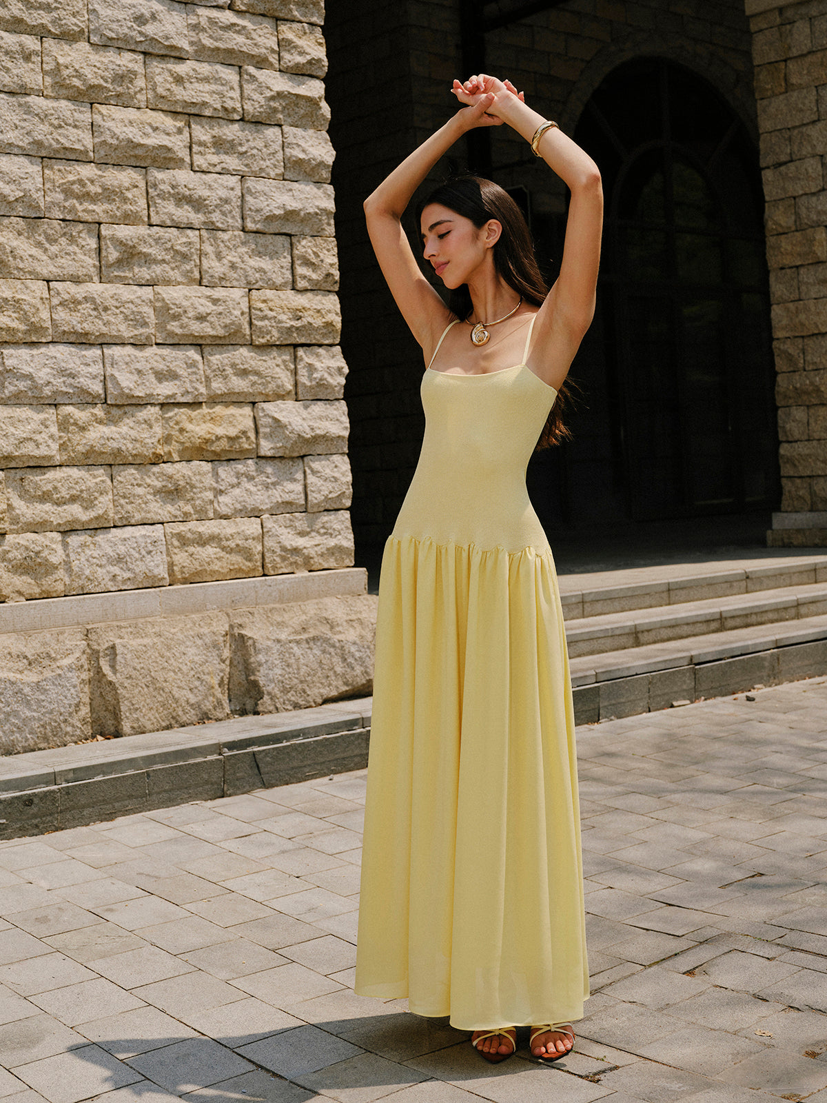 Pliseli Etek Askılı Maxi Elbise