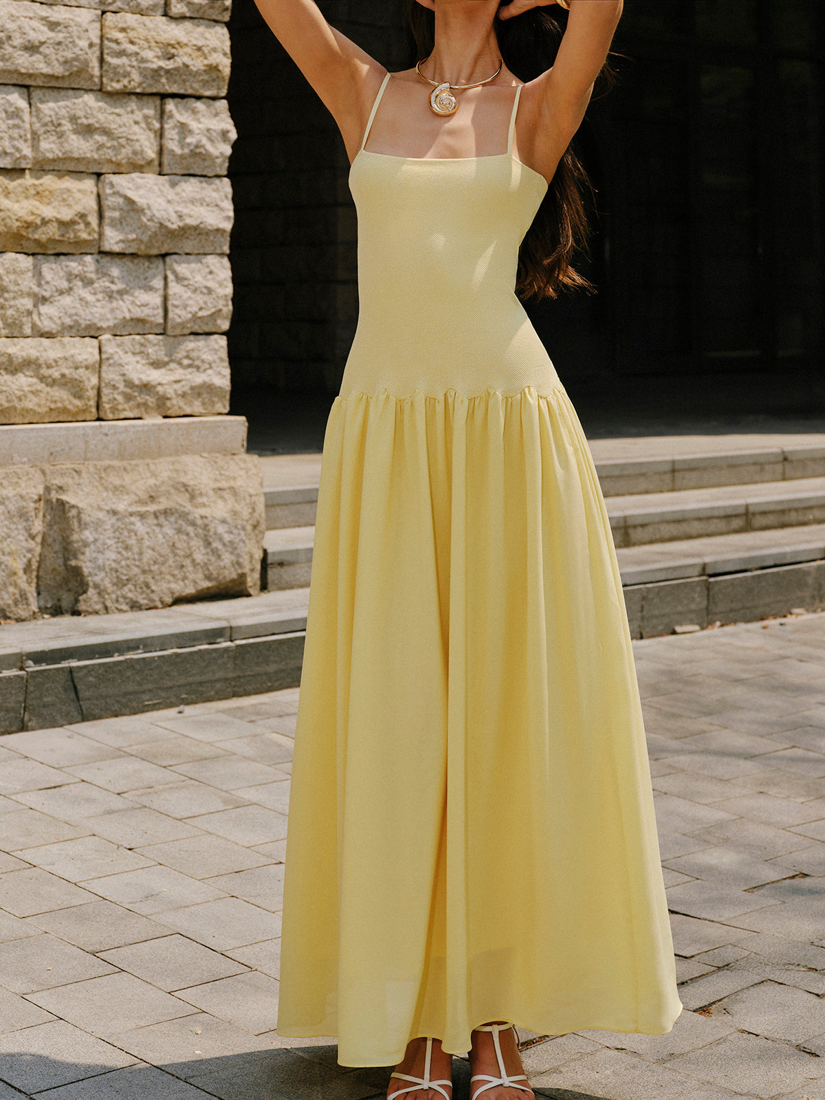 Pliseli Etek Askılı Maxi Elbise