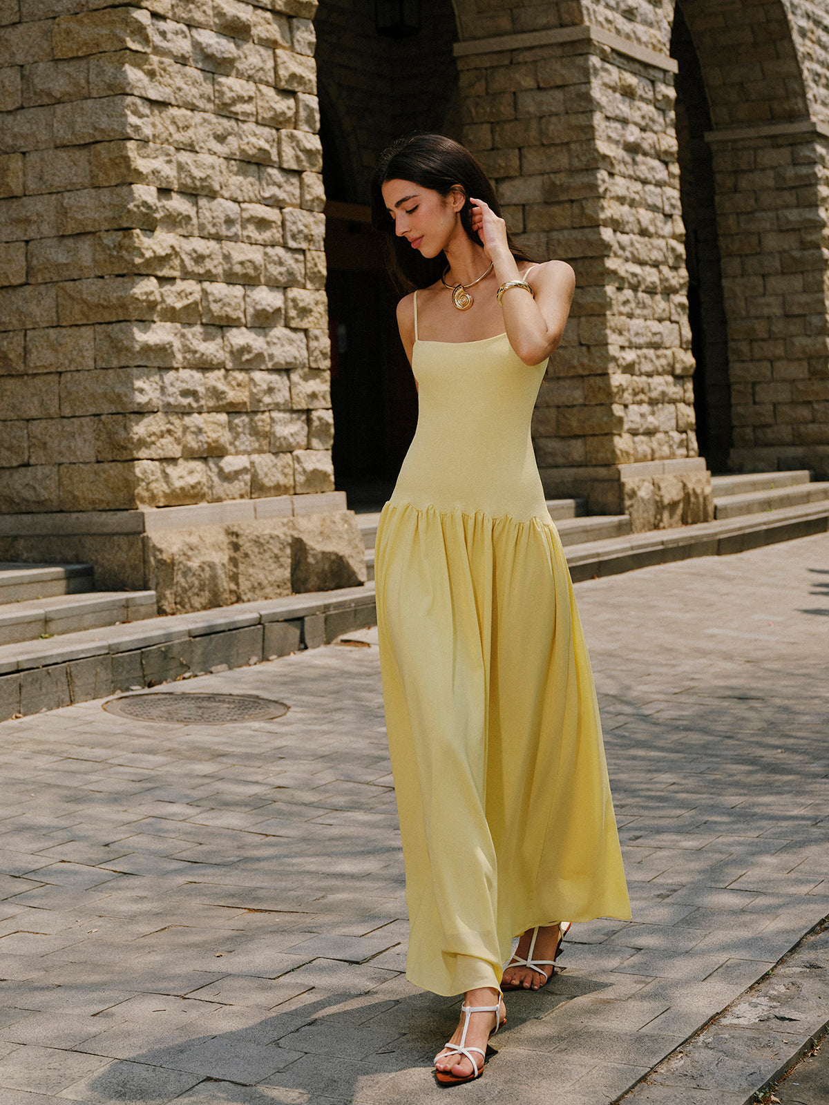 Pliseli Etek Askılı Maxi Elbise