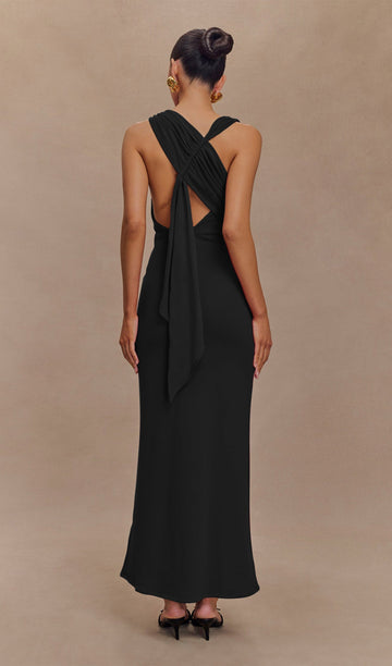 Asimetrik Scuba Jersey Maksi Elbise Siyah