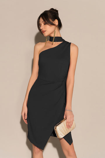 Tek Omuz Anvelop Etekli Parti Midi Elbise - Siyah