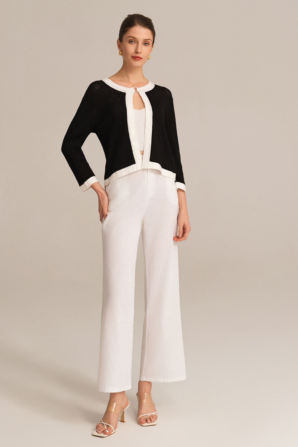 Kontrast Renk 3/4 Kol Bisiklet Yaka Örgü Hırka