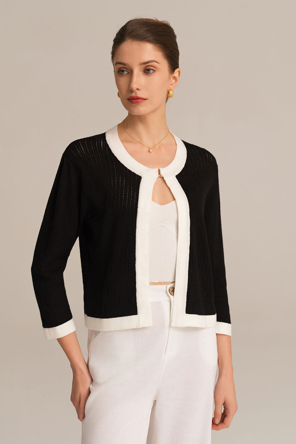 Kontrast Renk 3/4 Kol Bisiklet Yaka Örgü Hırka