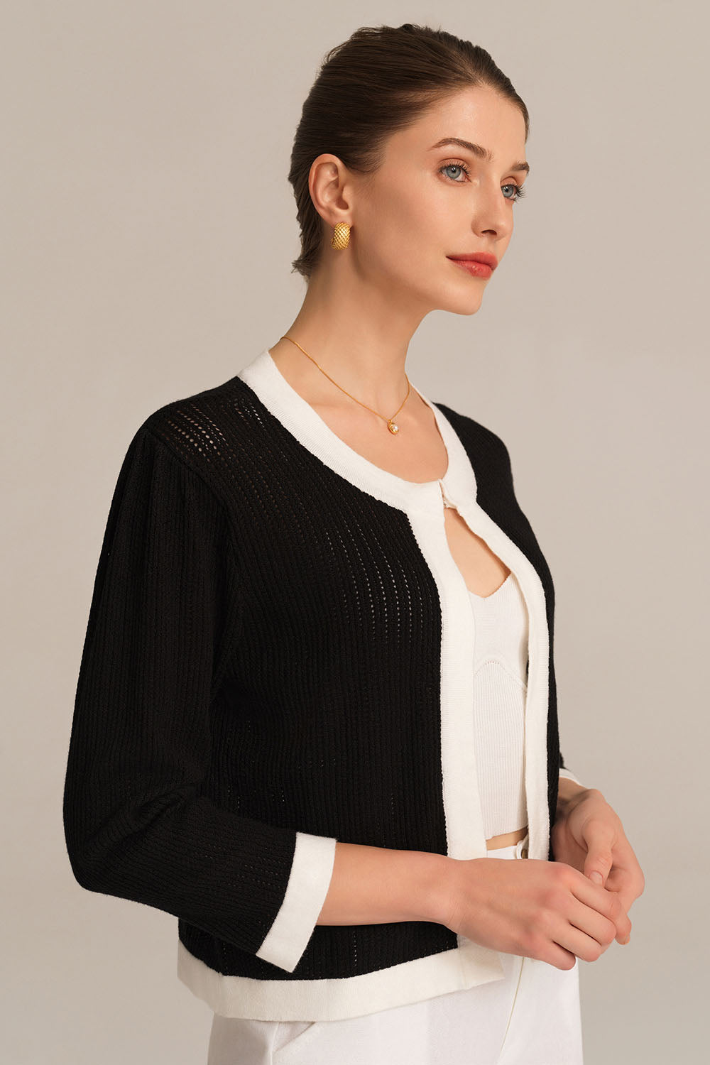 Kontrast Renk 3/4 Kol Bisiklet Yaka Örgü Hırka