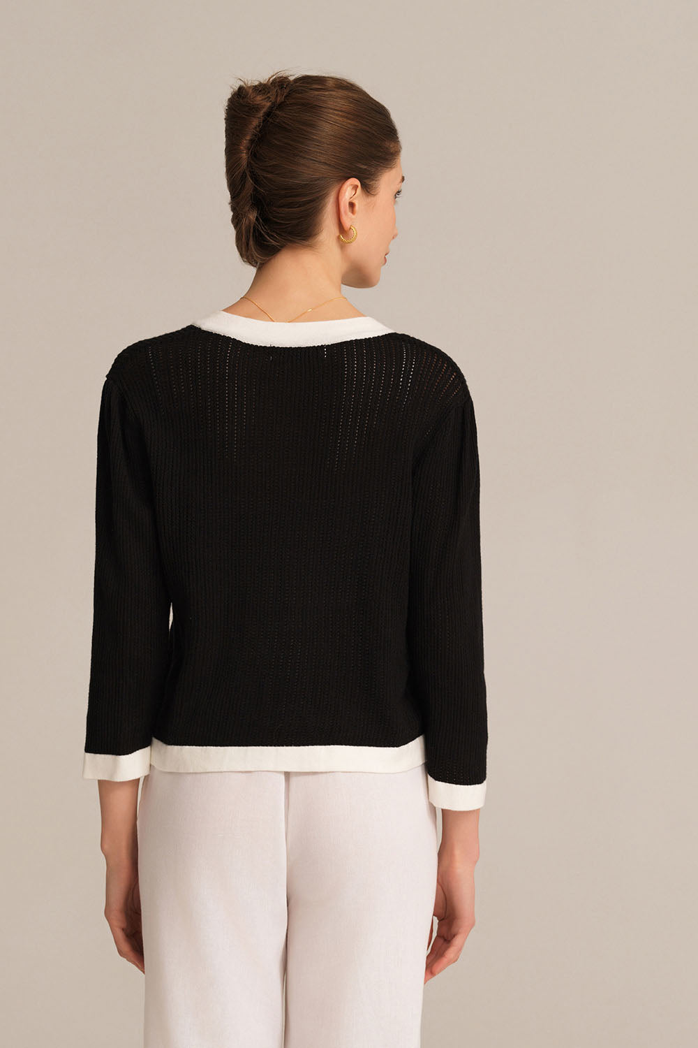 Kontrast Renk 3/4 Kol Bisiklet Yaka Örgü Hırka