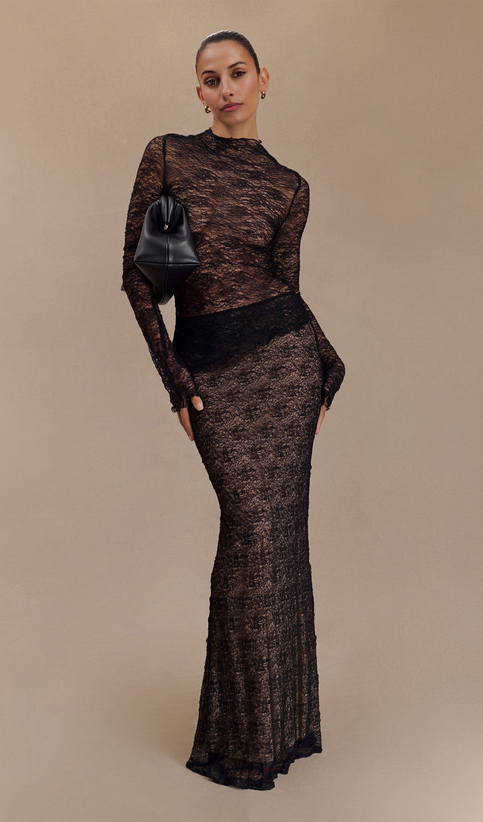 Şeffaf Dantel Maksi Etek - Siyah