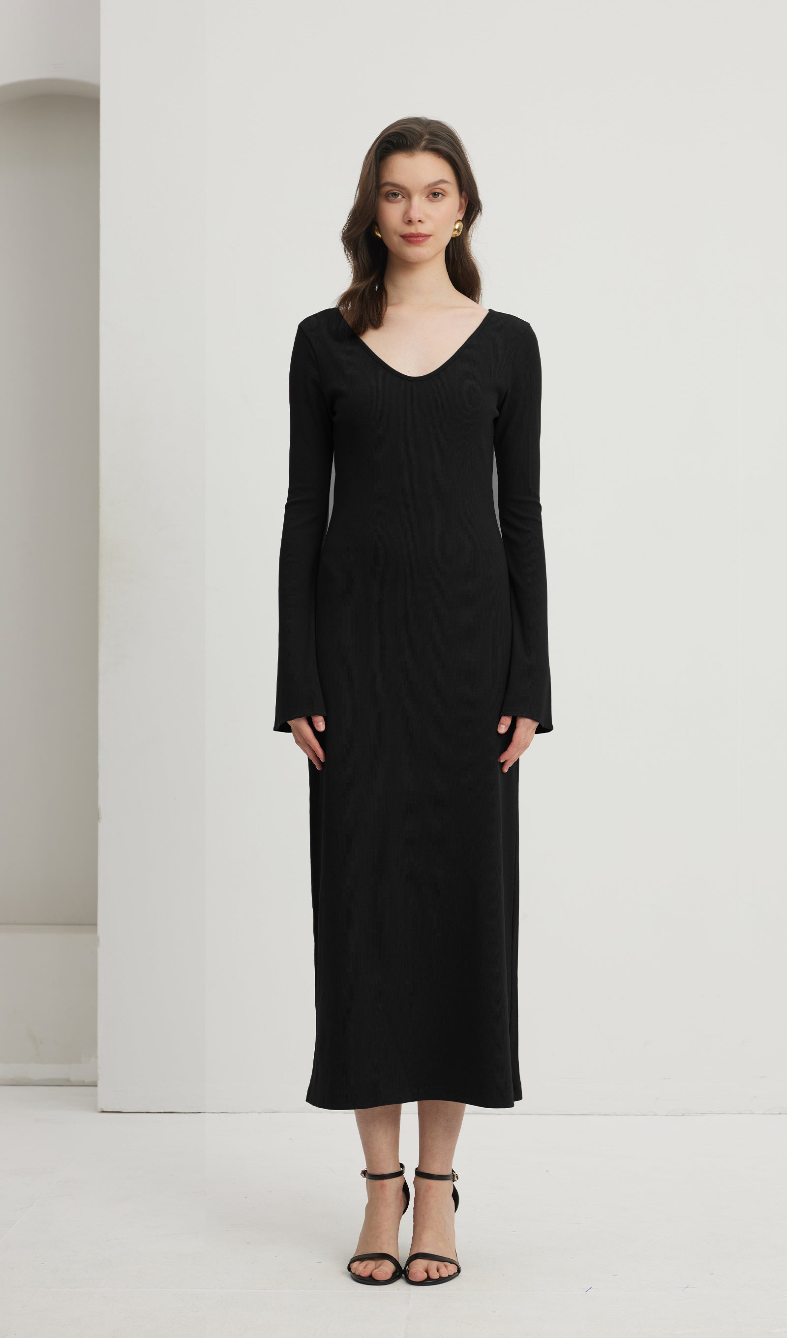 Düz Bisiklet Yaka Midi Elbise