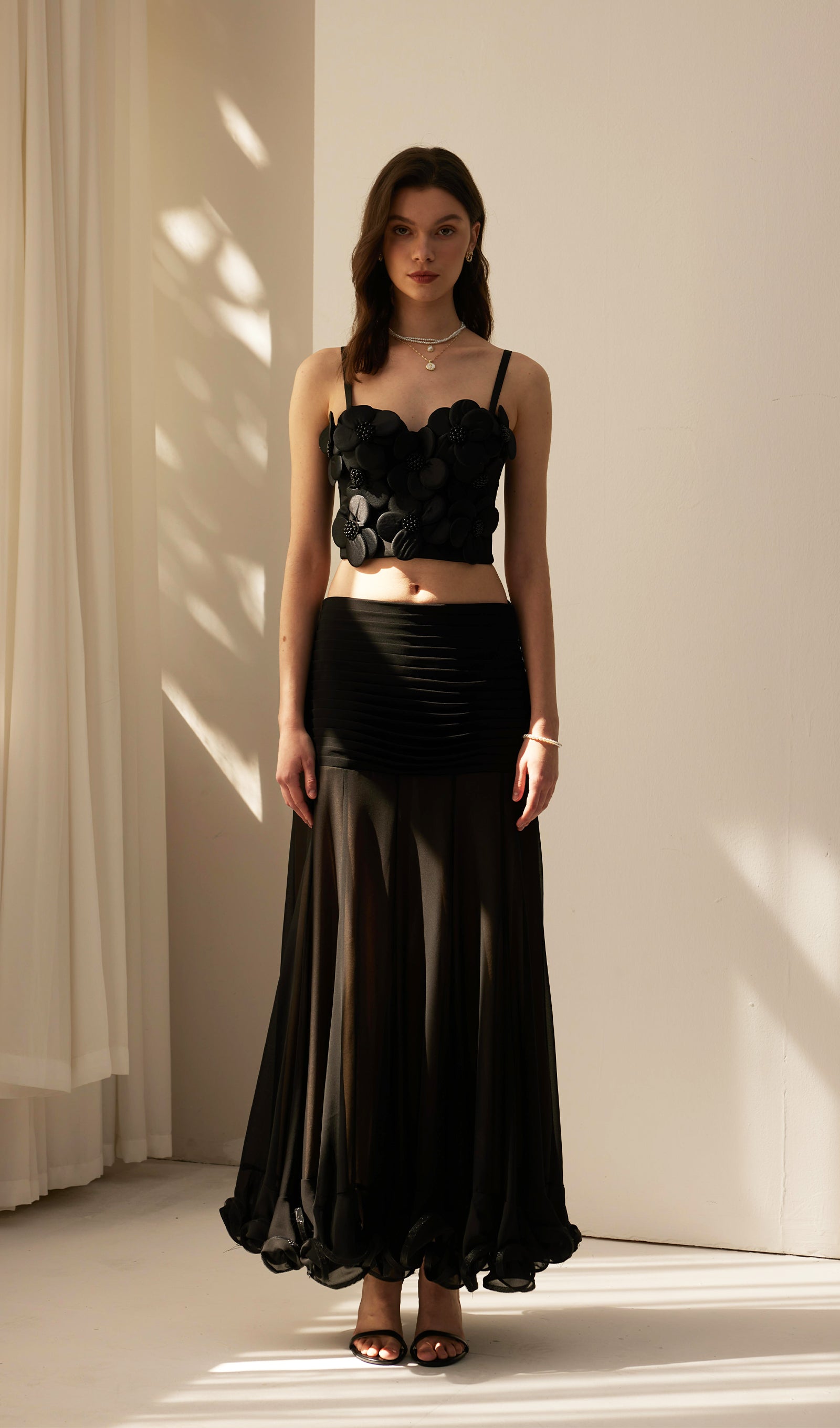 Fırfırlı Şifon Maksi Etek Siyah