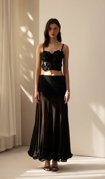 Fırfırlı Şifon Maksi Etek Siyah