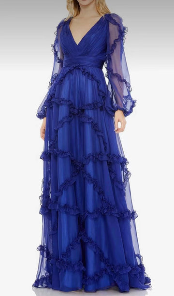 File Uzun Kollu V Yaka Maksi Elbise