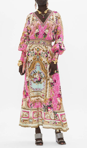 Boho Çiçekli Uzun Kollu V Yaka Maxi Elbise