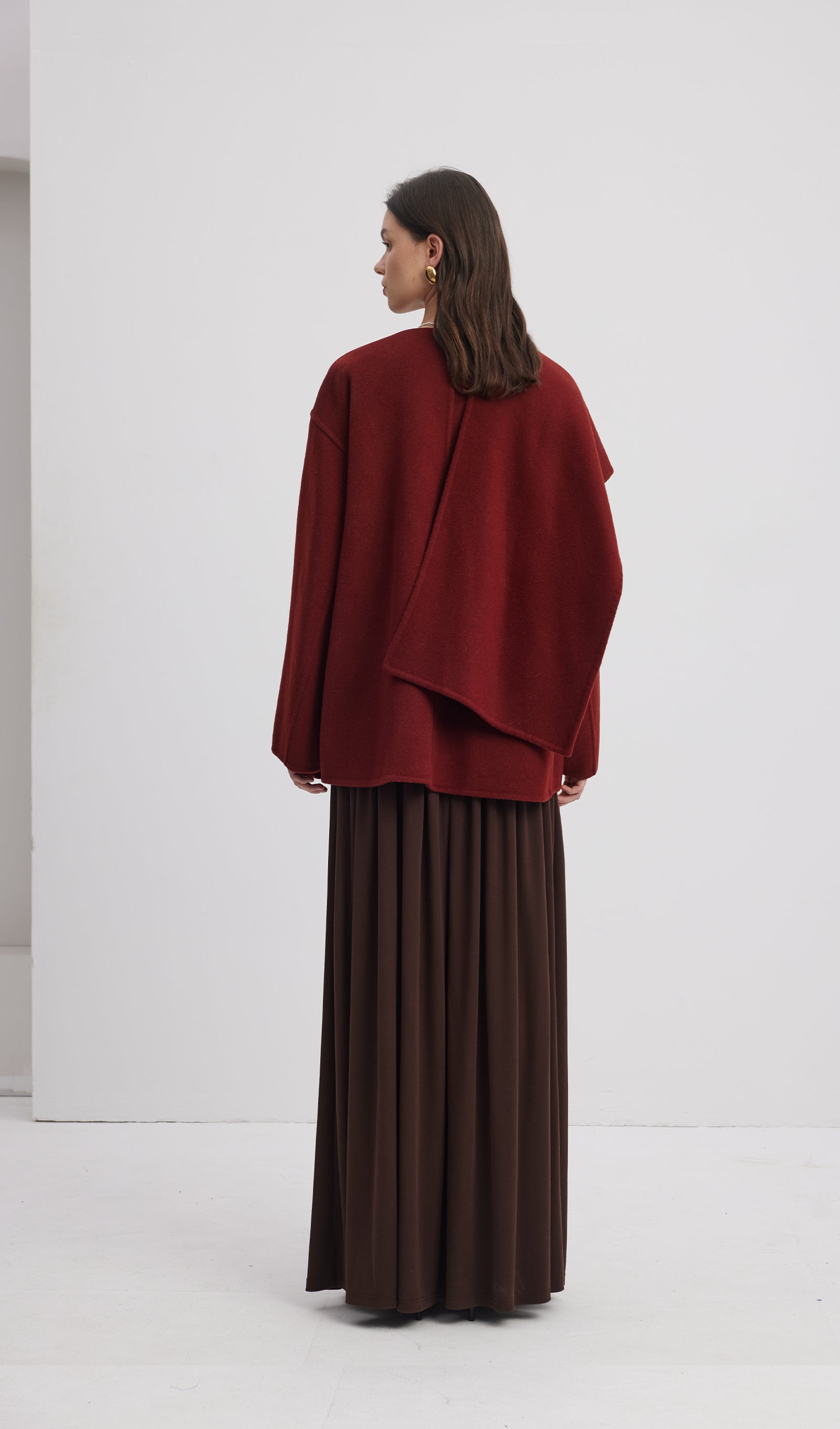 Düz Pelerin Stili %100 Yün Kaban-Şarap Kırmızısı