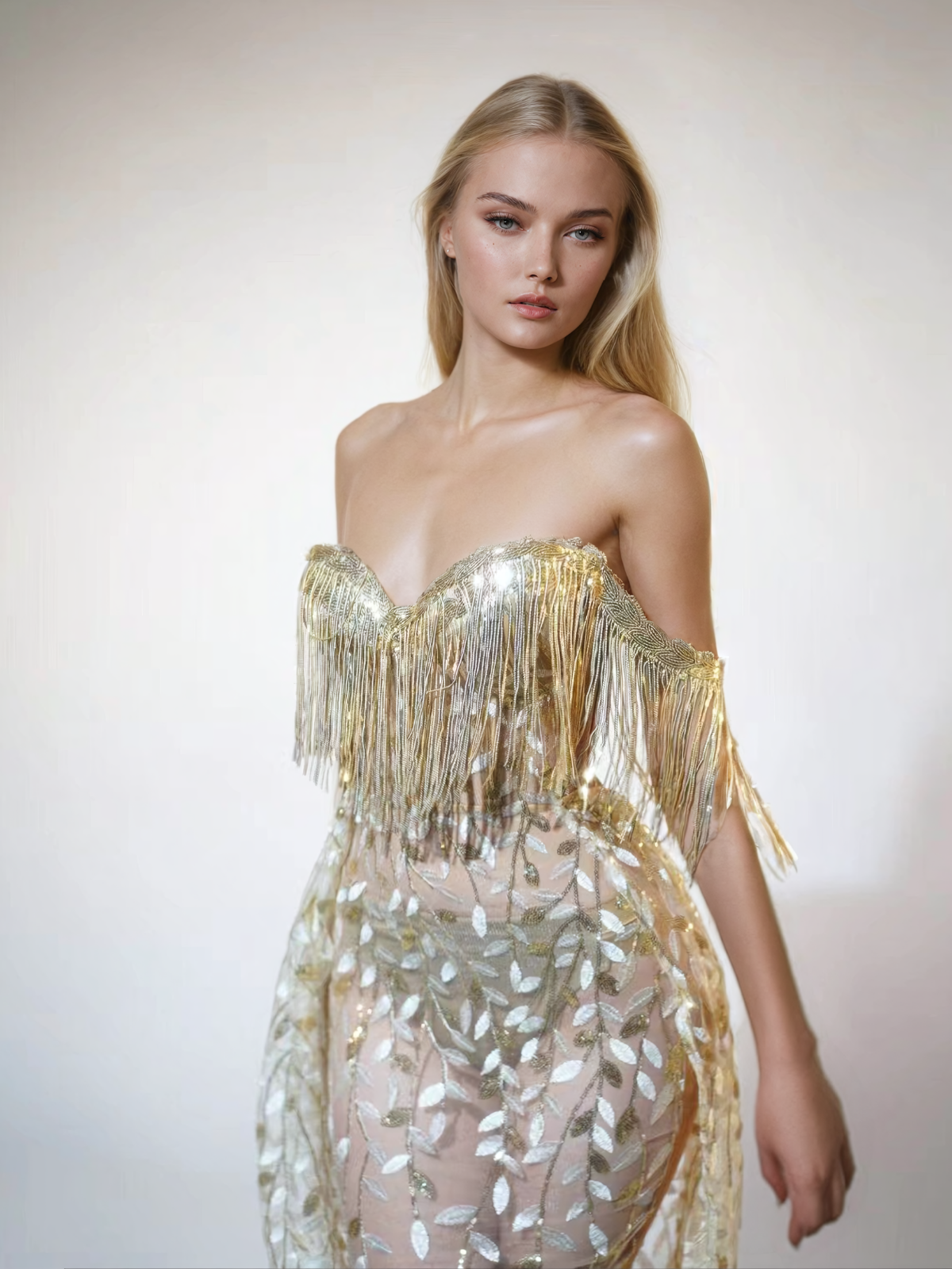 Codruta Straplez Yapraklı Püsküllü Maksi Elbise