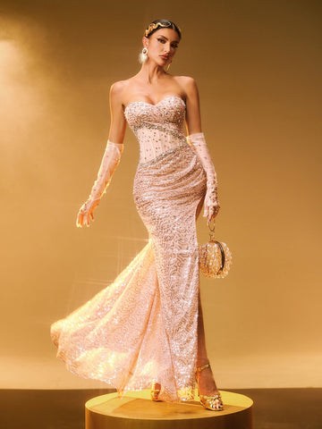 Coralyn Straplez Rhinestone Yırtmaçlı Maksi Elbise