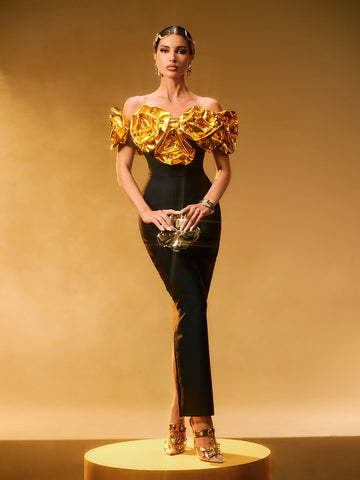 Girit Omuzsuz Çiçekli Maxi Elbise