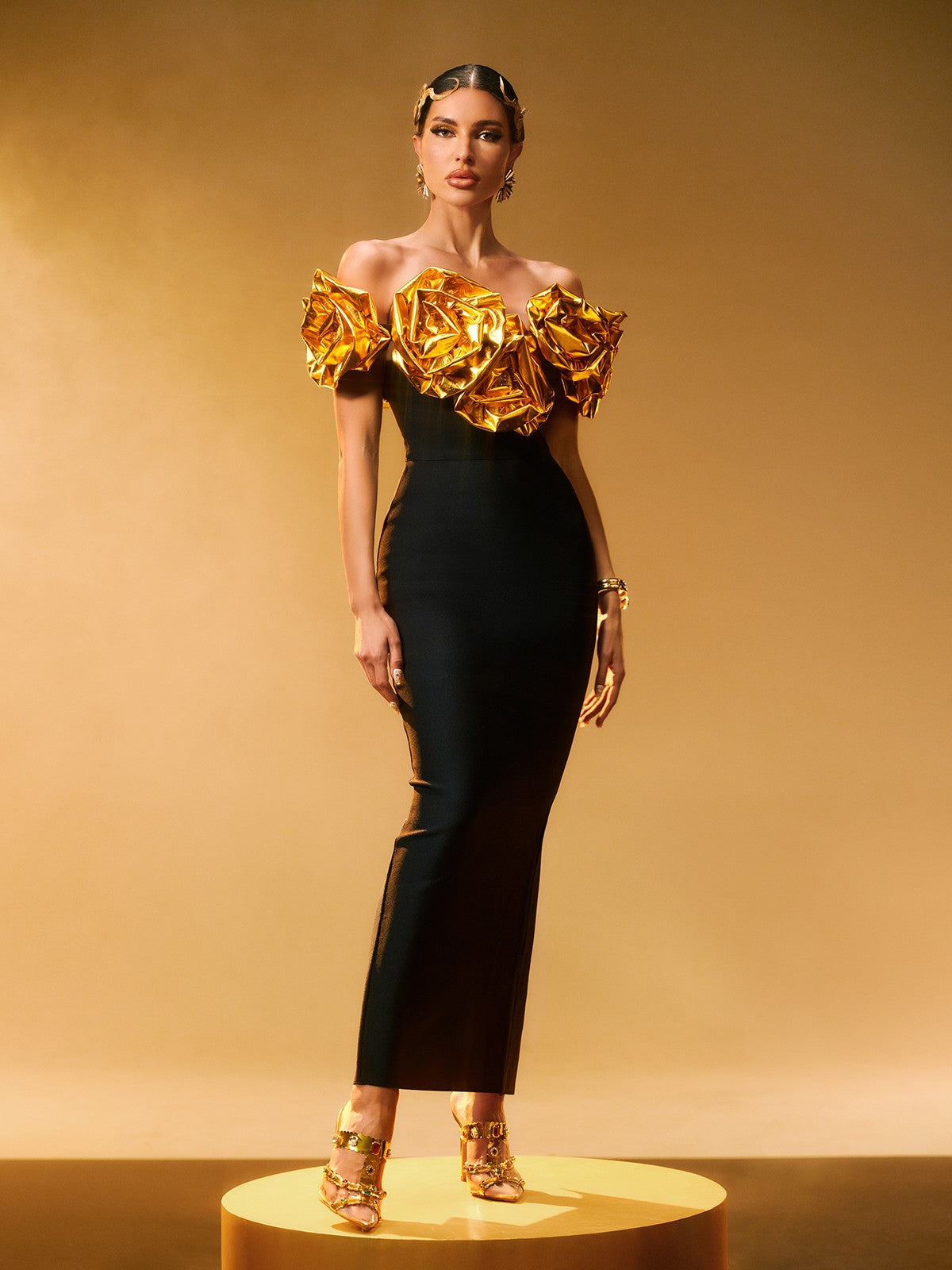 Girit Omuzsuz Çiçekli Maxi Elbise