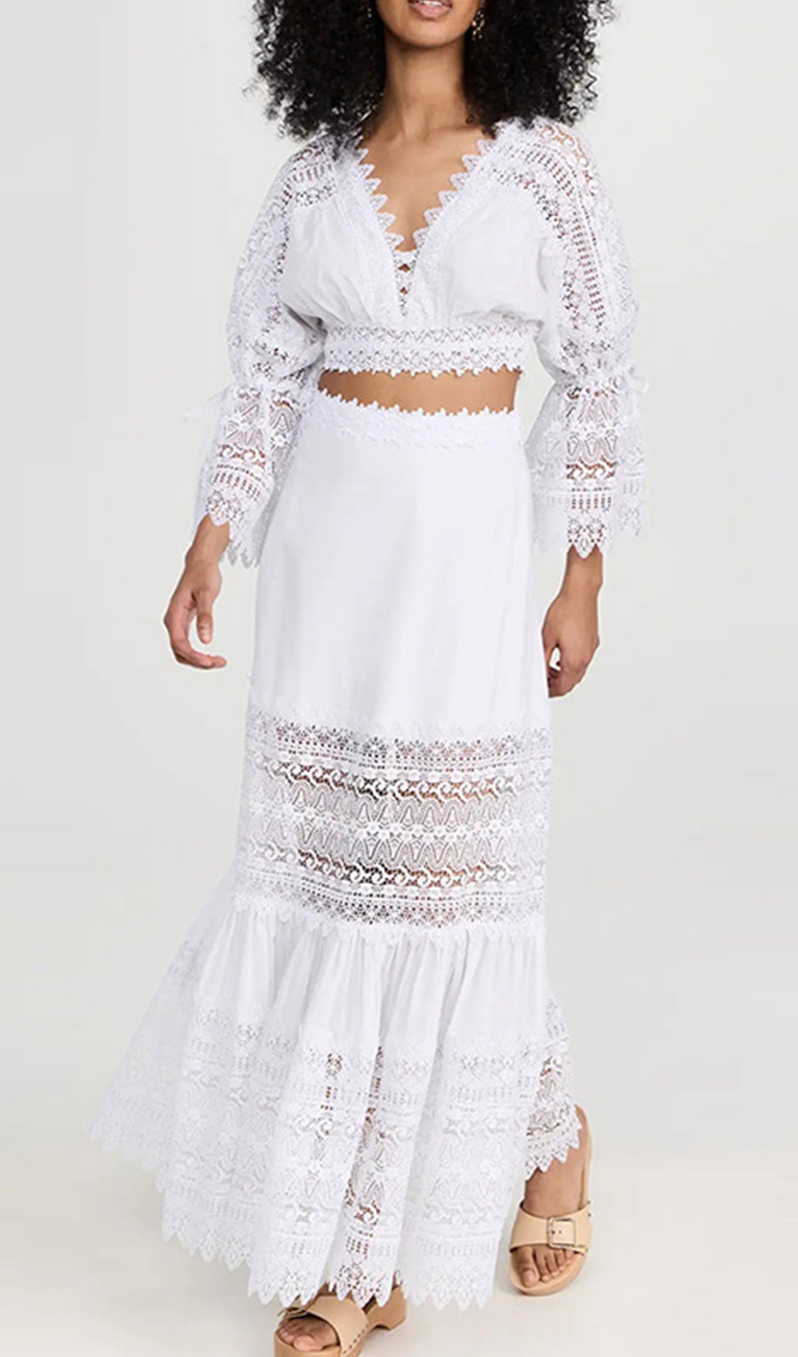 İki Parça Kroşe Maxi Etek ve Üst Takım Beyaz