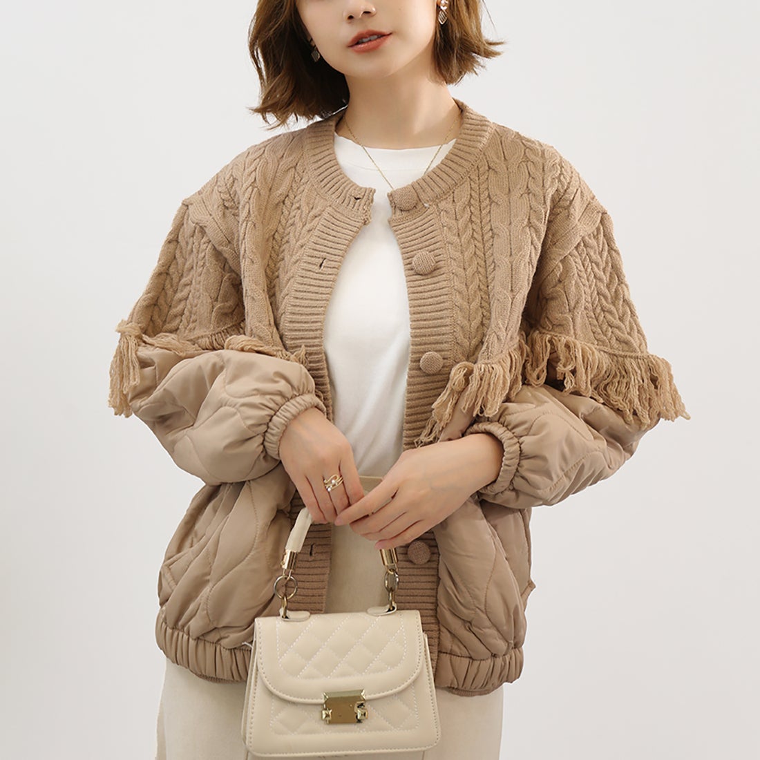 Aran Saçak Süslemeli Örgü Ceket-Bej