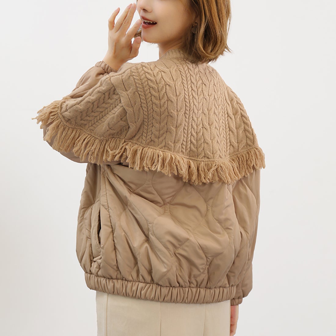 Aran Saçak Süslemeli Örgü Ceket-Bej