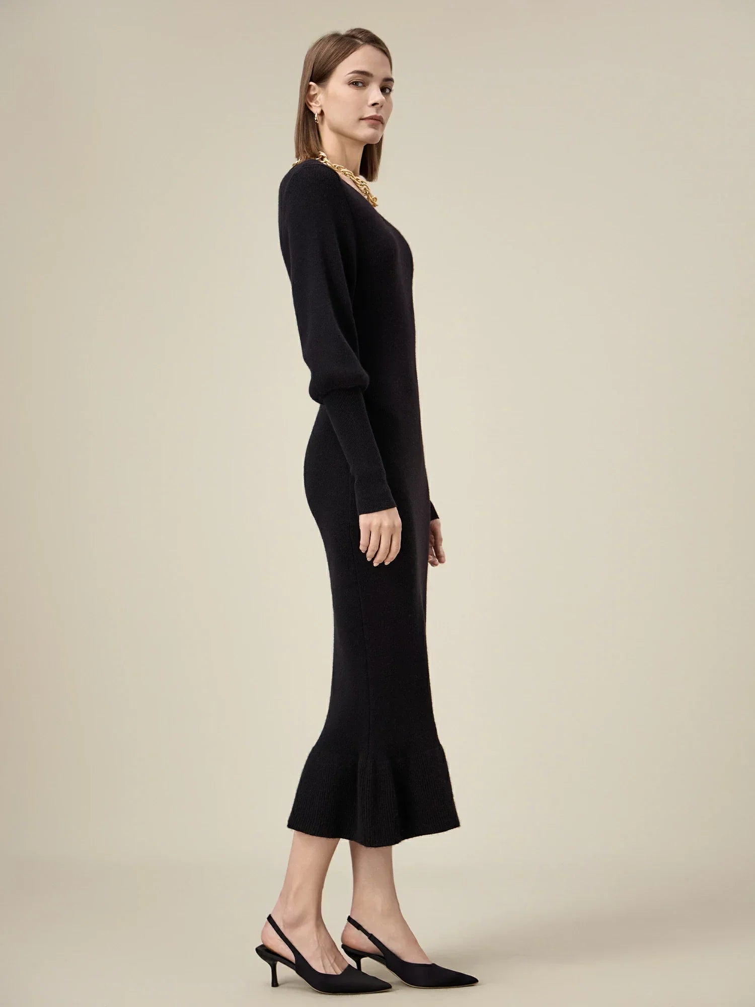 Kadın %100 Yün V Yaka Örme Midi Elbise