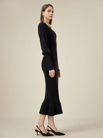 Kadın %100 Yün V Yaka Örme Midi Elbise