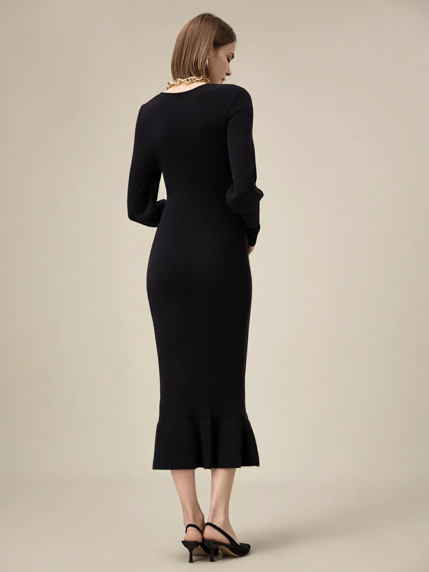 Kadın %100 Yün V Yaka Örme Midi Elbise