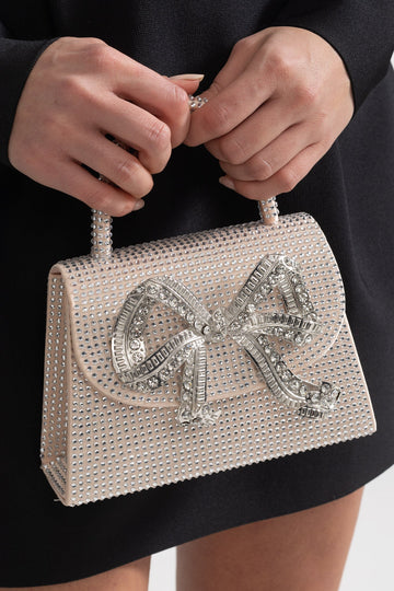 Parıldayan Rhinestone'lu El Çantası Dekoratif Metalik Fiyonkli - Şampanya