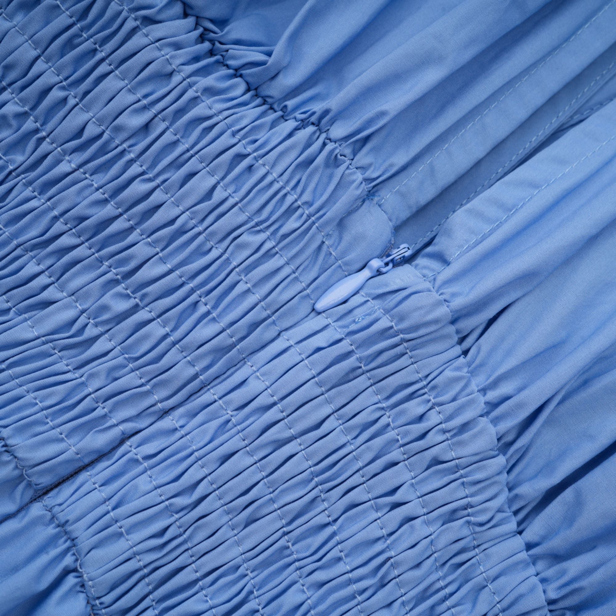 Emma Yaprak Detaylı Büzgü İpli Mavi Maxi Elbise