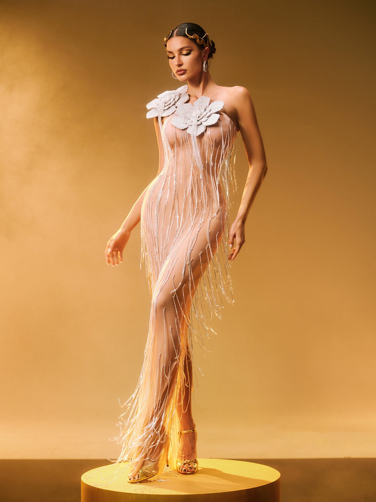 Ephira Kristal Çiçek Püsküllü Maksi Elbise