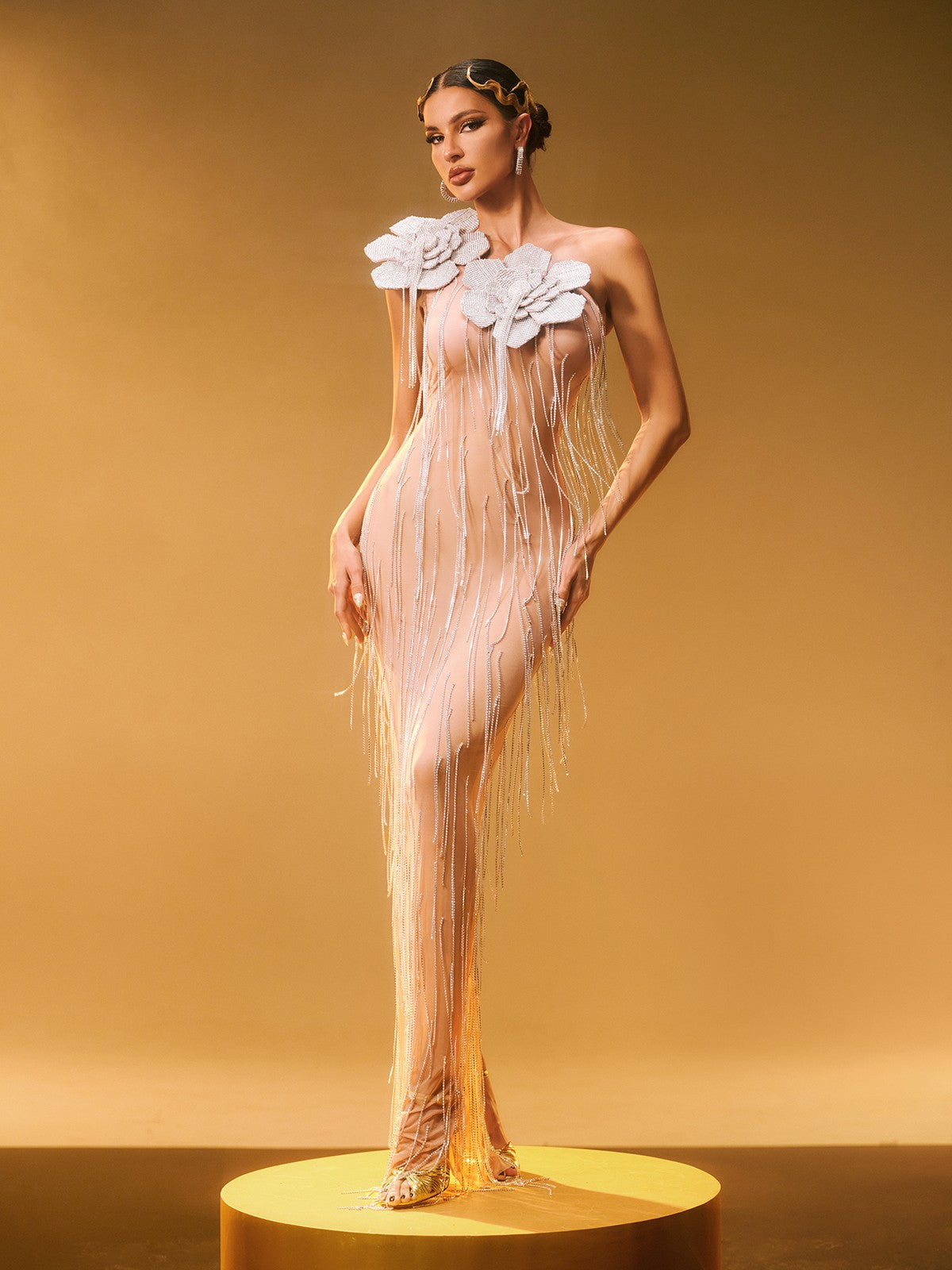 Ephira Kristal Çiçek Püsküllü Maksi Elbise