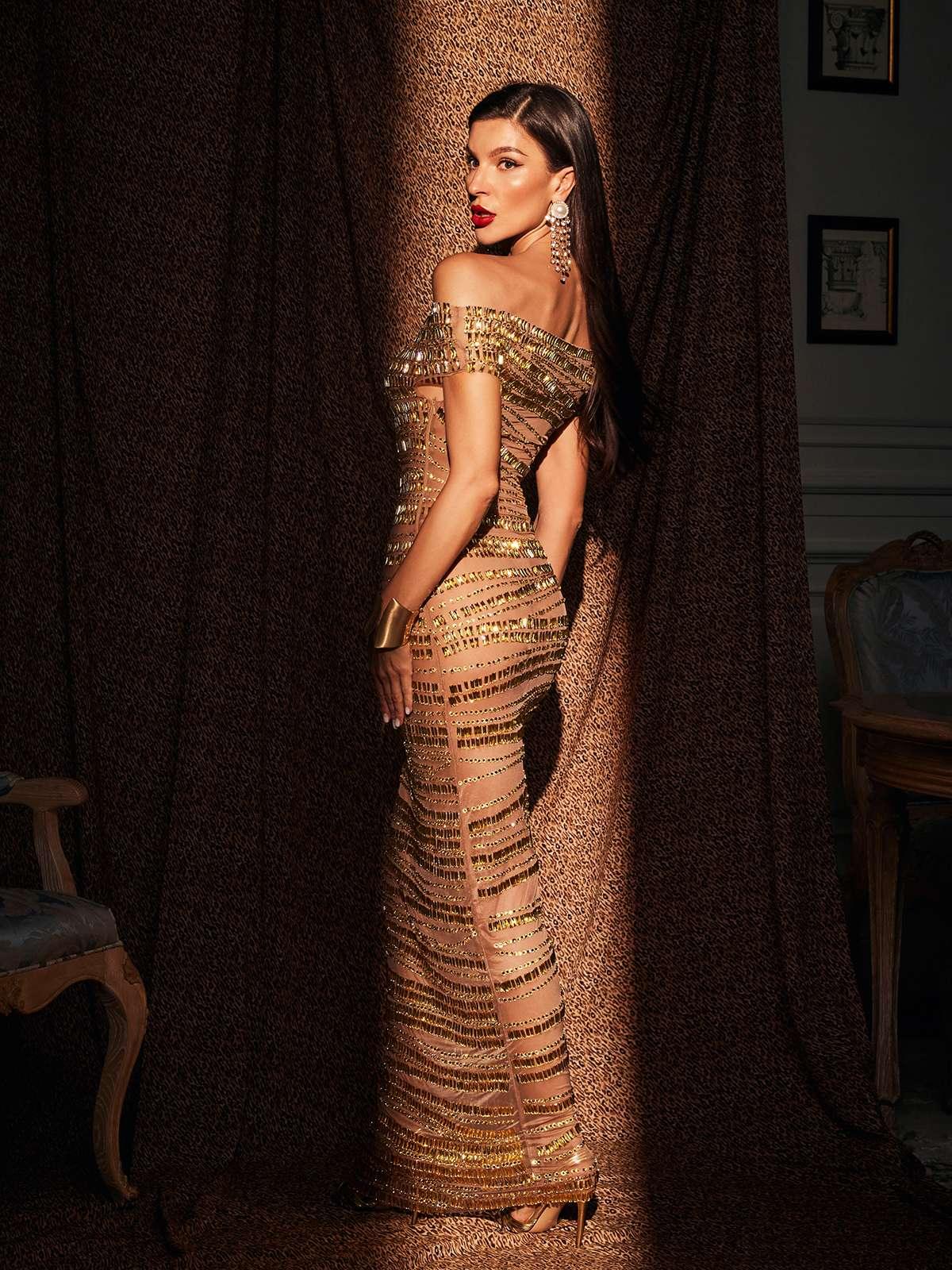 Eryx Kapalı Omuz Rhinestone File Maksi Elbise