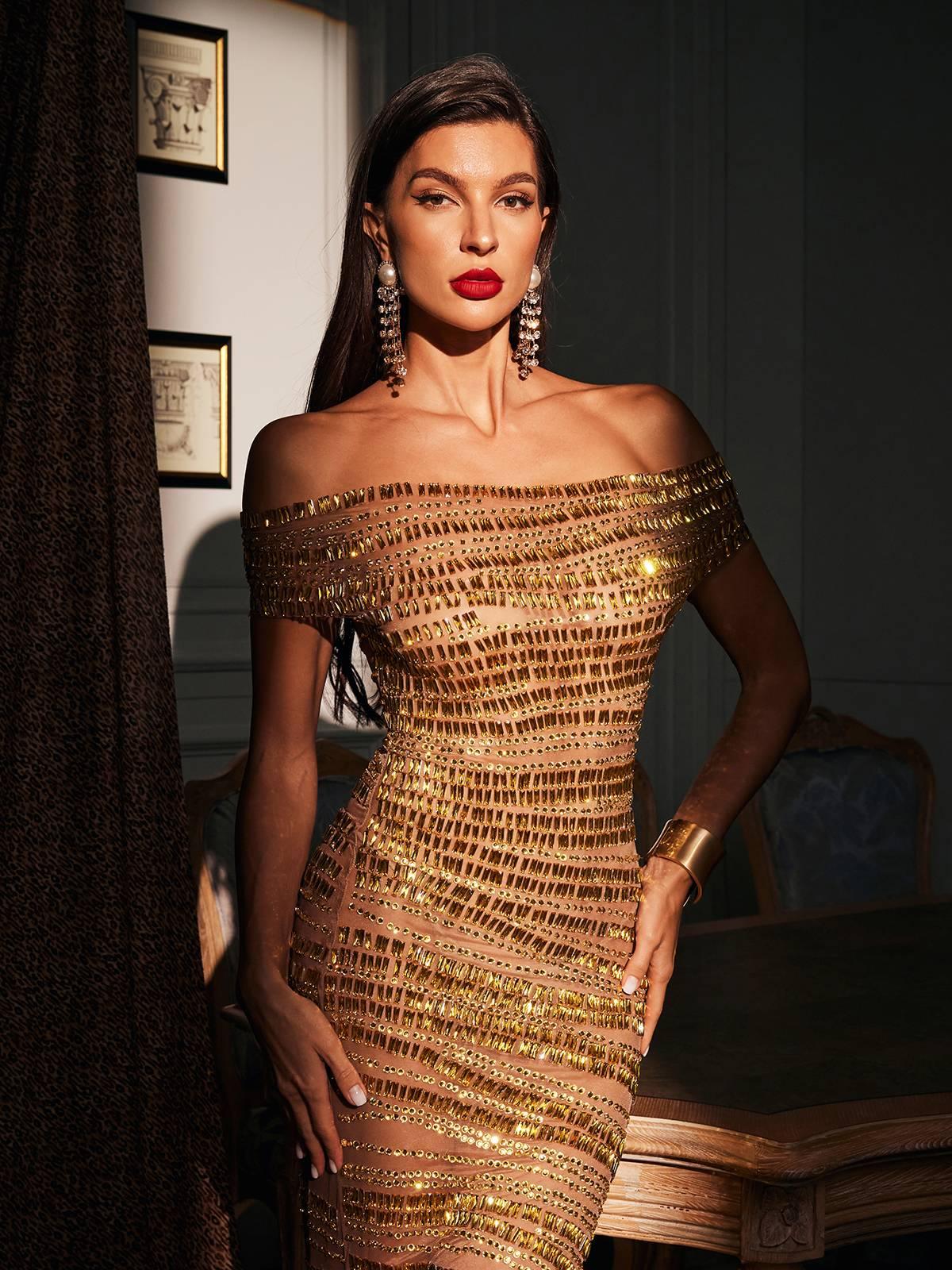 Eryx Kapalı Omuz Rhinestone File Maksi Elbise