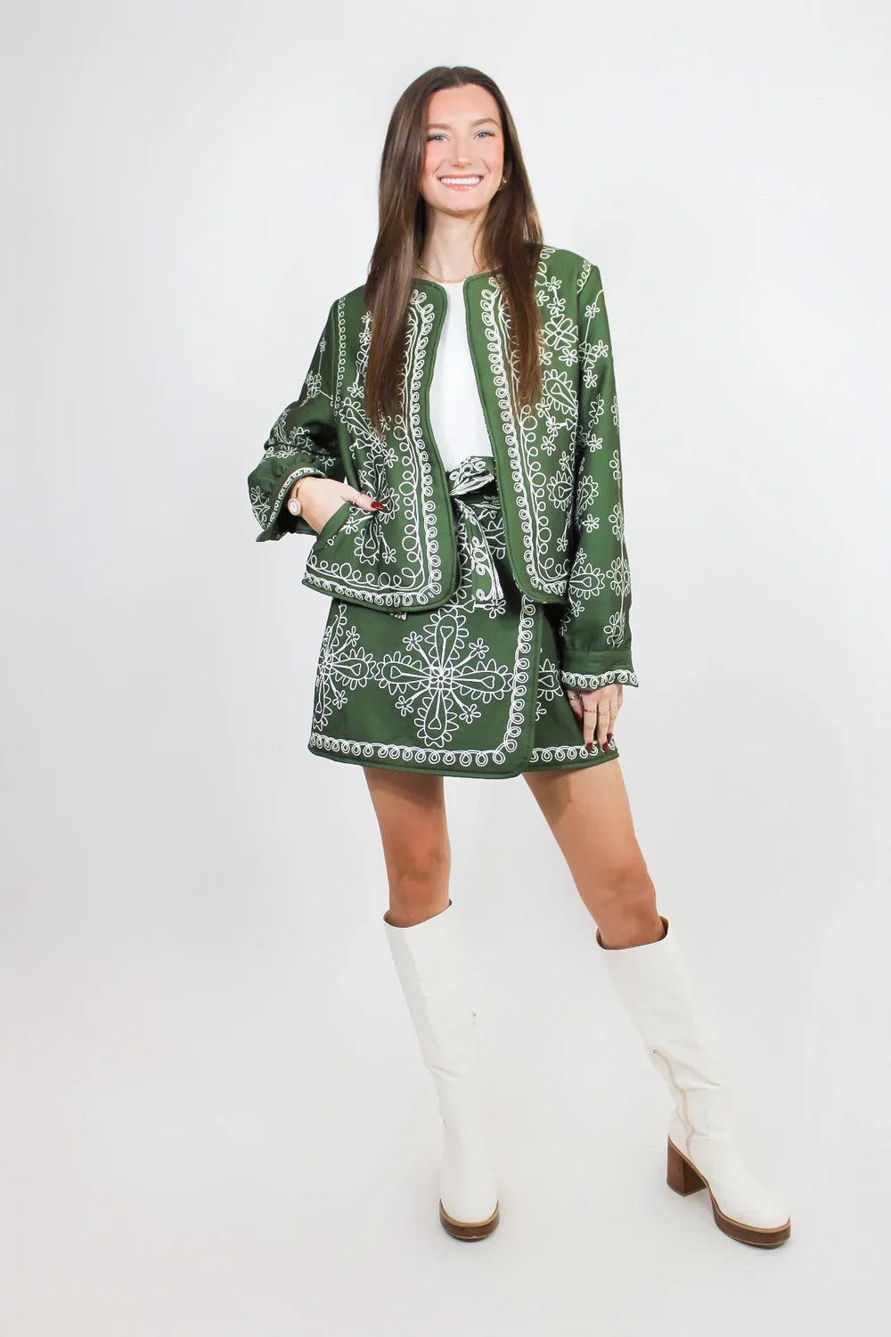 Soyut Baskılı Ceket Mini Etek Takım