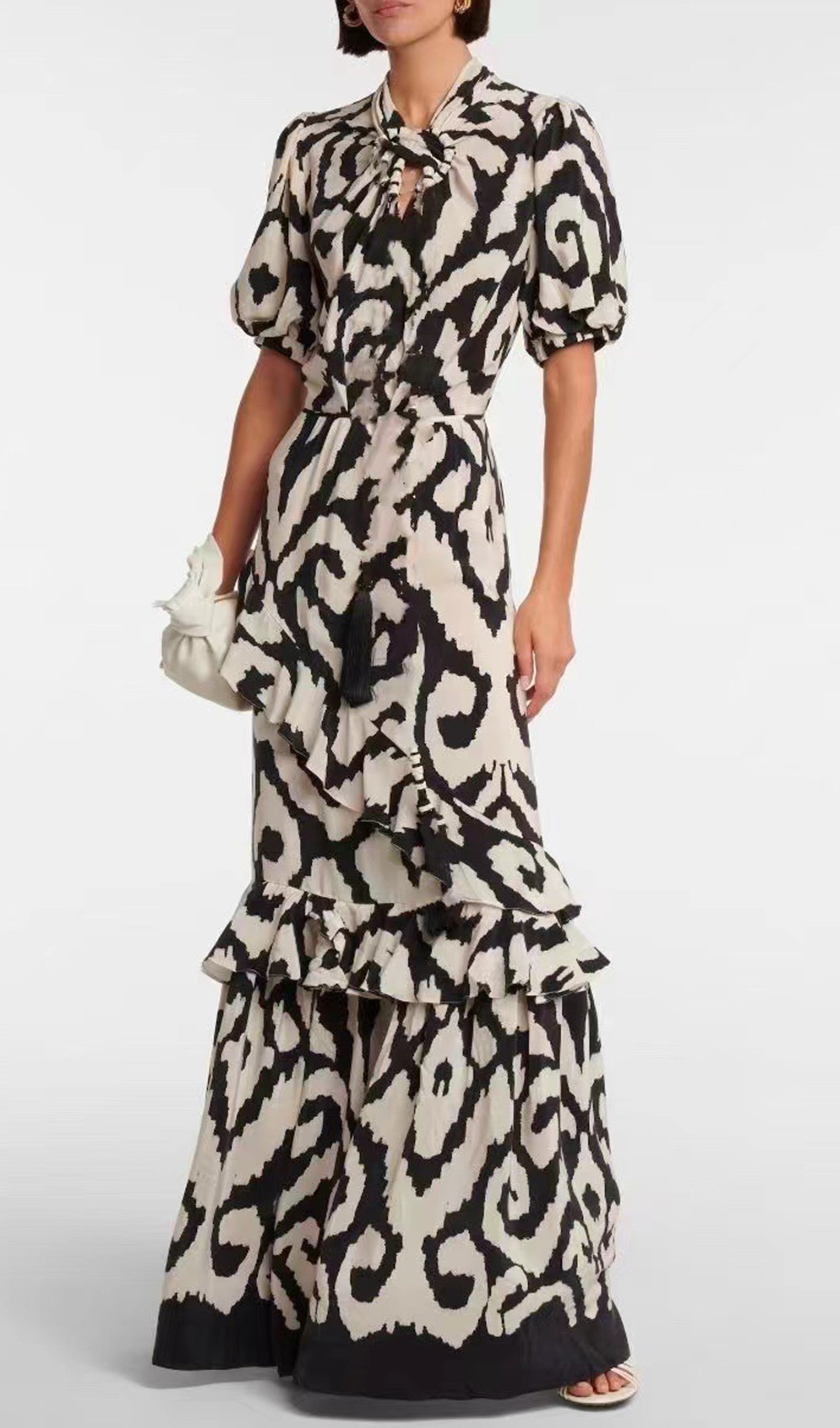 Kısa Kollu Ruffle Fit ve Flare Maksi Elbise