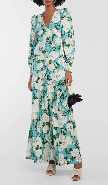 Çiçekli V Yaka A Line Maksi Elbise