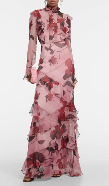 Çiçekli Uzun Kollu Fırfırlı Maksi Elbise
