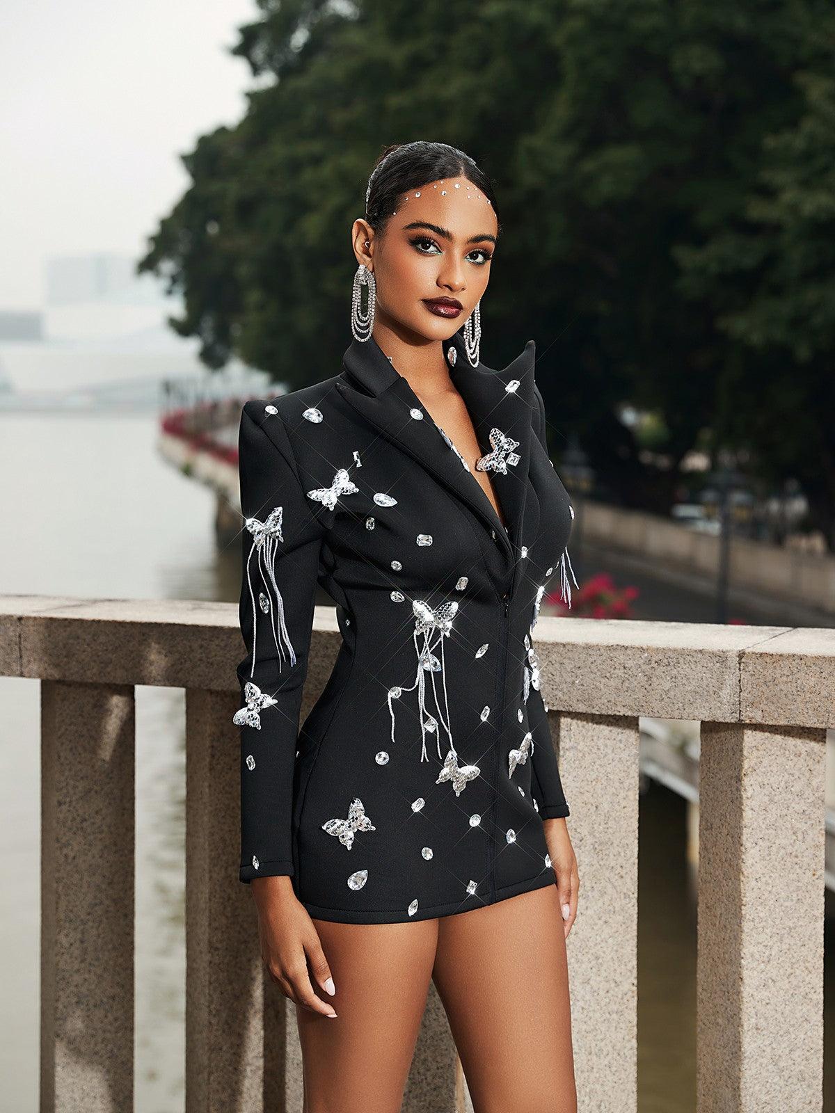 Foy Kelebek İşlemeli Püsküllü Blazer Mini Elbise