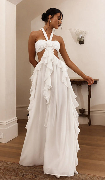 Halter Kesimli Fırfırlı Maksi Elbise