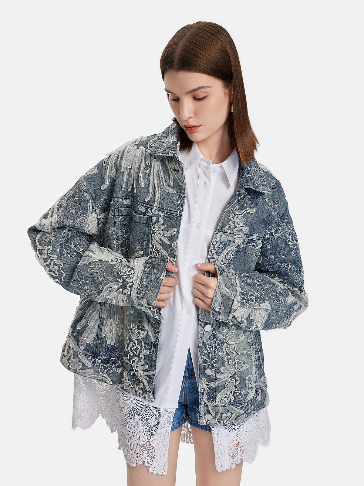 İşlemeli Dantel Denim Ceket