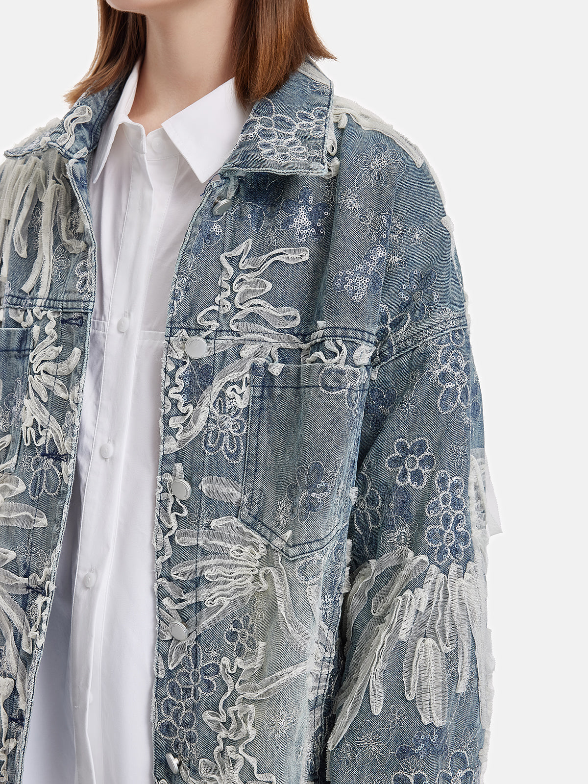 İşlemeli Dantel Denim Ceket