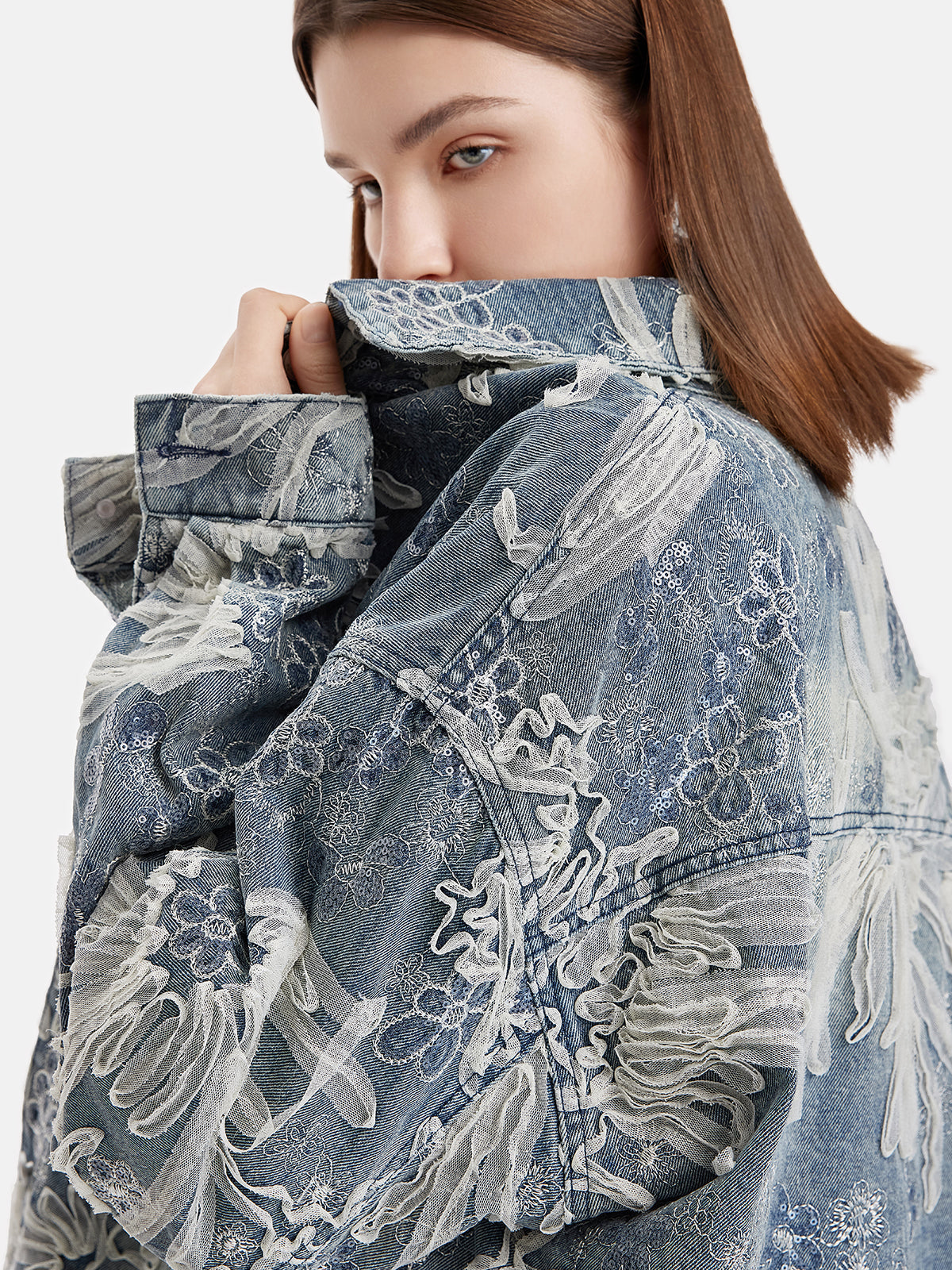 İşlemeli Dantel Denim Ceket