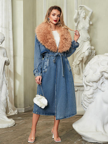 Ishtar Suni Kürk Yaka Denim Mont