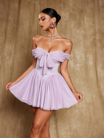 Isidore Düşük Omuz Fileli Mini Elbise