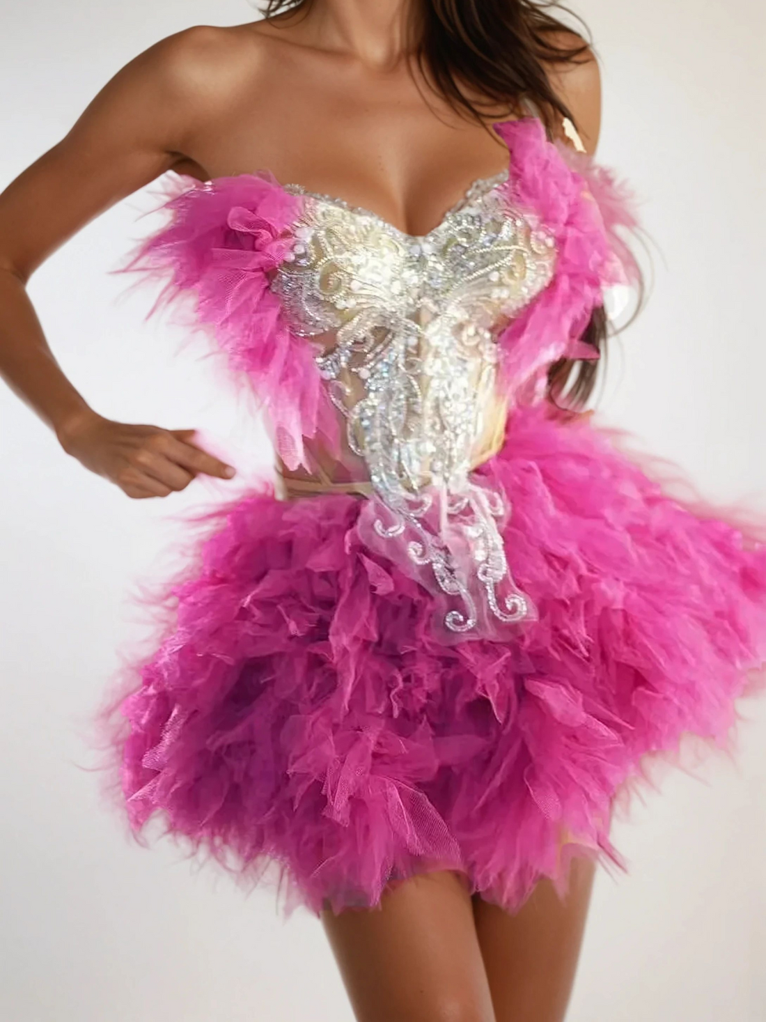 Jolleen Straplez Süslemeli Tül Etek Takımı Sıcak Pembe