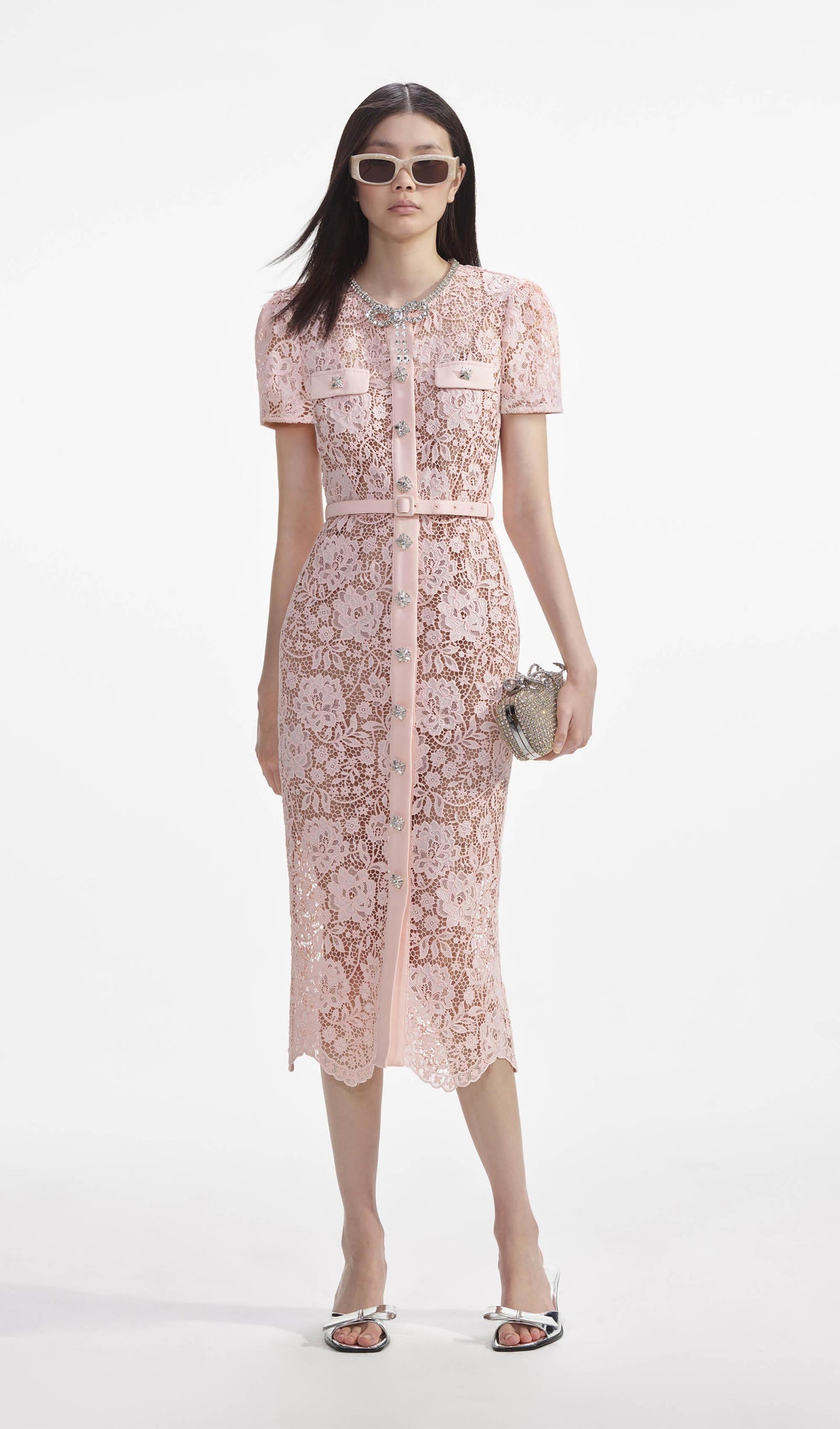 Dantel Diamante Fiyonklu Midi Elbise