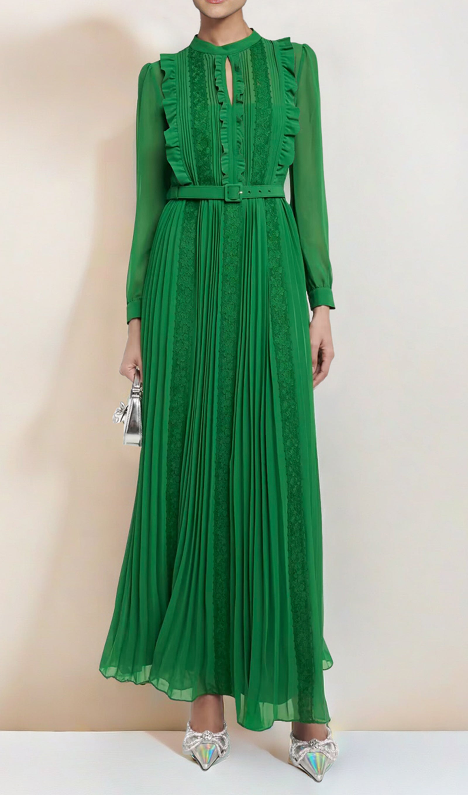 Fit ve Flare Maksi Fırfırlı Pileli Dantel Elbise Yeşil