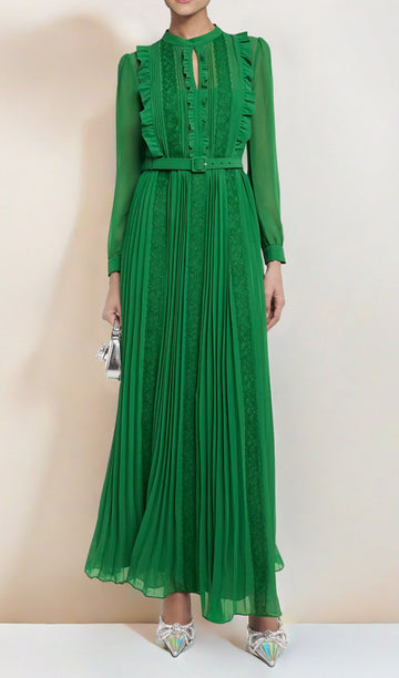 Fit ve Flare Maksi Fırfırlı Pileli Dantel Elbise Yeşil