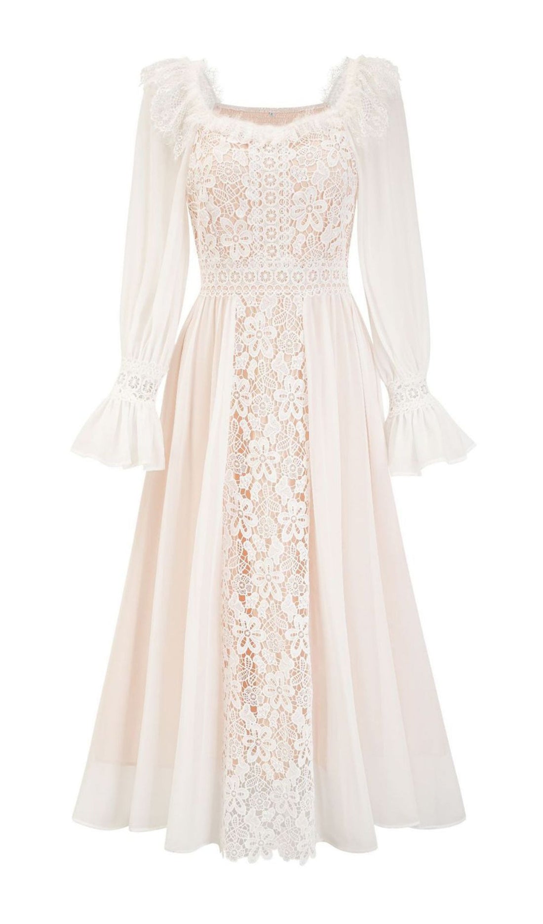 Uzun Kollu Dantel Çiçekli Fit ve Flare Maksi Elbise