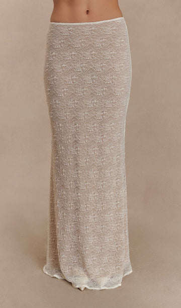 Şeffaf Dantel Maksi Etek - Fildişi